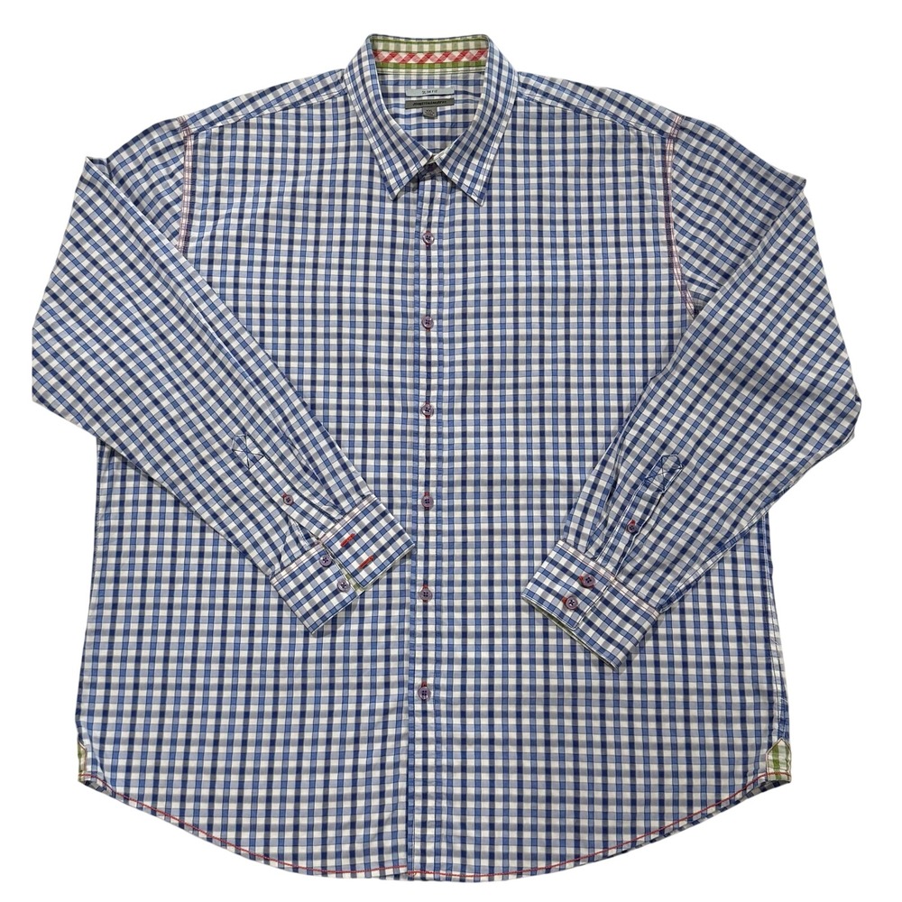 Johnston & Murphy Mens XXL Slim Fit Gingham Button Down Shirt Blue White M12
